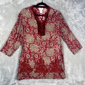Soft Surroundings Red Floral Velvet Trim Tunic Top Womens Sz S Boho Hippie Chic